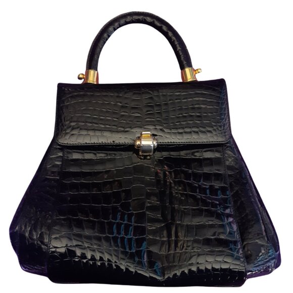 Vintage Faux Alligator Patent Black Evening Bag Purse Made in Italy - Picture 2 of 16